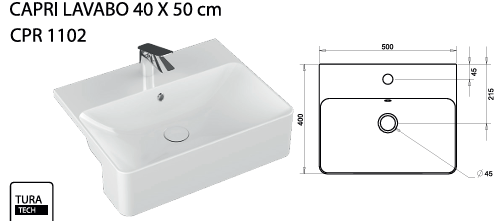 TURAVİT CAPRI 40 X 50 CM KARE LAVABO KOD: CPR 1102